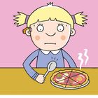 Illustration: Ein Mädchen mit blonden Zöpfen sitzt vor einer dampfenden Pizza und hält einen Löffel. Hintergrund rosa.