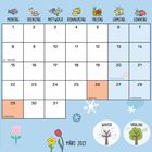 Kalender für März 2027, enthält internationale Feiertage. Illustrationen von Tieren und Pflanzen am Rand.