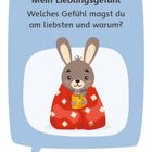 "Mein Lieblingsgefühl. Welches Gefühl magst du am liebsten und warum?" zeigt einen Hasen mit rotem Mantel und gelber Tasse.