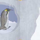 "Riesensturmvogel" neben einem fliegenden Vogel. Pinguin-Eltern und Küken auf Eis, unter einer Eishöhle, Sonne im Hintergrund.