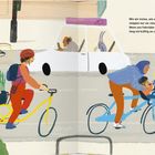 Text: „Wie wir treten, wie wir strampeln, stoppen nur vor roten Ampeln! Wenn uns Fahrräder umzingeln, fang ich kräftig an zu klingeln!“ 
Illustration: Personen auf Fahrrädern und ein Auto, ein Kind sieht auf einen Hundehaufen.