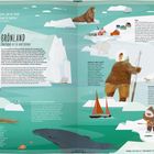 „Grönland: Überleben in Eis und Schnee“ steht im Zentrum. Illustrationen zeigen Eisbären, Schlittenhunde, Menschen in Pelzkleidung, Eisberge.