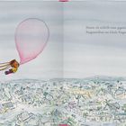 Text: "Könnte ich mithilfe einer gigantischen Kaugummiblase zur Schule fliegen?" Kind schwebt mit rosa Blase über Stadt.