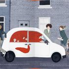 Text: „Auf dem Weg zur Schule müssen sie sich mit der Decke arrangieren. Zum ersten Mal hat Tommy keine Angst vor hin...“

Illustration eines weißen Autos mit roter Decke innen. Passanten gehen an einer Ziegelmauer vorbei.