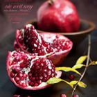 Zitat: "Wenn du dich erinnerst, was du liebst... Jose Garces." Geöffneter Granatapfel auf dunklem Hintergrund. Februar-Kalender.