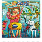 Kalenderblatt für Februar mit buntem Gemälde. Text: "Barefooted flying dreams and mythical moments."