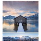 Kalender für Februar. Oben verschneite Alpen bei Sonnenaufgang, Mitte verschneites Holzhaus am See, unten See mit Sonnenstrahlen.