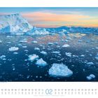 Kalenderblatt mit Eislandschaft. "Eisberge im Abendrot: Grönland". Darunter der Monat Februar mit Wochentagen und Feiertagen.