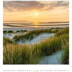 Kalender für Februar 2023, mit Sonnenuntergang in Dünenlandschaft; Himmel orange und sandige Dünen mit Gras.