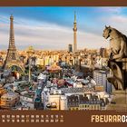 Text: "FBEURAR02", unten Kalenderdaten. Ansicht von Paris und Tokio mit Eiffelturm und Tokio Skytree, Statue im Vordergrund.