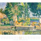 Zwei Löwenfiguren in einem Garten, flankiert von Blumen und Bäumen, darüber ein klarer blauer Himmel. Februar-Kalender.