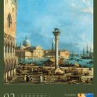 02. Canaletto Venedig. Unten Kalenderdaten. Gemälde zeigt Hafen, Gebäude, blaue Himmel, Menschen und Boote.