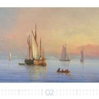 Die Texte zeigen Zahlen und Wochentage vom 1. bis 28. Februar. Eine Illustration mit Segelbooten auf ruhigem Wasser bei Sonnenuntergang.