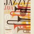 Text oben: "JAZZY JAVA JAM". Unten: "Coffee Blend". Illustration von stilisierten Trompeten mit einer Kaffeetasse.