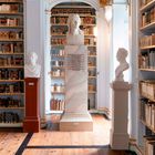 Zitat von Goethe über die Mühe des Lesens; klassische Bibliothek mit Skulpturen, Holzboden und goldenen Verzierungen.