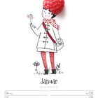 Januar, @jesuso_ortiz. Illustration: Person mit Himbeerenhut, Schal, roter Tasche, hält Pusteblume. Kalenderdaten 04-10.