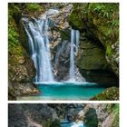 Kalenderseite mit blau-grünem Wasserfall in malerischer Steinschlucht, umgeben von üppigem Grün. Datum: 07, 21 markiert.