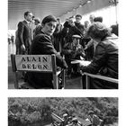 Oben: "ALAIN DELON" über Stuhl. Unten: "ALAIN DELON", Kalender mit Zahl "2" für Monat. Drei schwarz-weiße Filmaufnahmen.