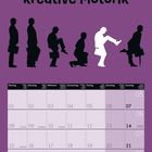 Kalender-Design mit Text: "Ich bin nicht tollpatschig, ich habe nur eine kreative Motorik". Silhouetten im George-Walk-Stil.