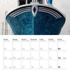 Kalenderblatt Februar 2027. Ein großes blaues Boot frontal im oberen Bereich. Feiertage: Valentinstag, President's Day.