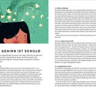 **Text:** MEIN GEHIRN IST SCHULD  
Fühlst du dich ungewöhnlich launisch und träge? Keine Sorge, die Wissenschaft sagt...

**Illustration:** Eine stilisierte Person mit dunklem Haar, aus deren Kopf Popcorn herausspringt, vor einem grünen Hintergrund mit blauen und weißen Sprenkeln.