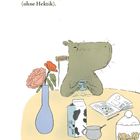 „Genussvoll und gemütlich frühstücken (ohne Hektik).“ Ein grünes Tier sitzt am Tisch mit Vase, Milch, Keksen und Zeitung.