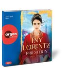 Text: "Anne Moll liest", "argon hörbuch", "INY LORENTZ PRIESTERIN VON THERA". Bild: Frau in rotem Gewand vor antiker Kulisse.