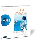 Luise Helm liest, Jojo Moyes, Drei Schwestern und ein Leben. Illustration: Frau am Meer, blaue Farben. Argon Hörbuch Logo.
