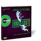 "Dietmar Wunder liest Arno Strobel: UNGELÖST - DER ZWEITE MÖRDER. Argon Hörbuch-Logo, weiße Federn, dunkler Hintergrund."