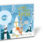 "Schnee-Hörnchen Flocke. Zusammen ist man weniger klein." Illustration mit Schneemann, Eichhörnchen und Vögeln im Schnee.