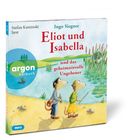 "Stefan Kaminski liest", "Eliot und Isabella", Illustration: Zwei Tiere am Fluss mit einem Monster hinter Schilf.