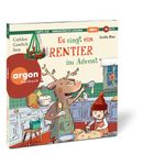 Text: "Es singt ein Rentier im Advent". Illustration: Rentier kocht in gemütlicher Küche mit kleinem Kind.