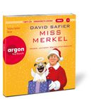Text: David Safier - Miss Merkel - Mord unterm Weihnachtsbaum. Illustration: Frau im Weihnachtsmannkostüm mit einem Mops.