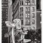 Kalenderseite Februar. Schwarz-weiß Foto: Hohe Gebäude mit abstrakter Skulptur im Vordergrund, Menschen mit Hunden.