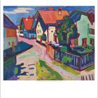 Kalenderblatt Februar. Illustration einer farbenfrohen Dorfstraße mit Häusern und Bäumen, kräftige Farben und markante Formen.