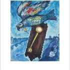 Kalender für Februar. Illustration eines fliegenden Fisches mit einem Uhrwerk, Stadtansicht im Hintergrund.