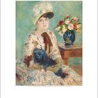 Februar. Kalender mit einem Gemälde einer Frau in blumigem Kleid, Hut, Hund auf Schoß, Blumen in Vase rechts.