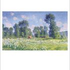 Kalender mit Februar-Daten. Gemälde: Wiese mit Blumen und Bäumen unter blauem Himmel. Claude Monet, 1889.