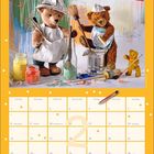 Kalenderseite mit Februar, hellem Hintergrund. Zwei Teddybären malen mit Pinseln; einer steht, der andere sitzt auf Büchsen.