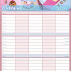 Februar 2027. Kätzchen vor rosa Hintergrund mit "Cherry", "Delicious", "Special Treats". Kalenderlayout mit Tagen.