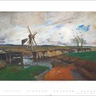 Kalenderblatt Februar, Landschaft mit Windmühle, lebhafte Farben, grauer Himmel, Baum, Vogelschwarm, malerische Szene.