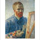 „Vincent van Gogh (1853-1890) Selbstporträt 1888.“ Ein Mann mit rotem Bart und blauem Mantel malt an einer Leinwand.
