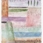 Februar, 1-28 darunter Namenstage und Feiertage. Aquarell mit pastellfarbenen Feldern, Bäumen und abstrakten Formen.