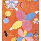 Februar-Kalenderblatt: Abstrakte Formen und bunte, ineinander übergehende Farben auf orangefarbenem Hintergrund.