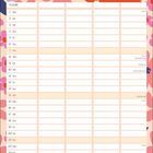 Kalenderübersicht für Februar. Blumenmuster in Rot, Lila und Rosa im Hintergrund. Details zu speziellen Tagen.