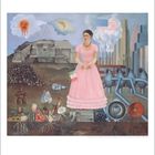 Ein Gemälde einer Frau in rosa Kleid mit mexikanischer Flagge, umgeben von archaischen Skulpturen und Industriegebäuden.