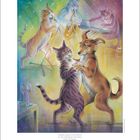 Zitat: "Zweierlei eignet sich als Zuflucht vor den Widrigkeiten des Lebens: Musik und Katzen." Illustration von tanzenden und musizierenden Katzen und einem Hund. Unten Monatsübersicht: Februar.