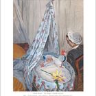 Zitat: "Was mein Herz wach hält, ist die bunte Stille." Gemälde: Ein Baby in einer Wiege, eine Person daneben. Kalenderangaben für Mai.