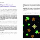 Links: "Effektgarne: Vorhang auf für ganz besondere Kandidaten!" Rechter Text beschreibt verschiedene spezielle Garntypen. Rechts: Leuchtende Garndekorationen in Sternform auf dunklem Hintergrund.