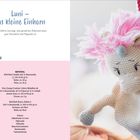 "Luni – das kleine Einhorn. Material: Wolle, Schere, Häkelnadel. Illustration eines gehäkelten Einhorns mit pinker Mähne."
